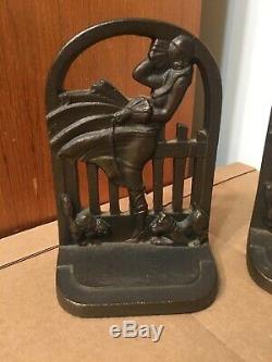 Rare Antique Cast Iron March Girl Bookends With Terrier Dog & Cat Art Deco