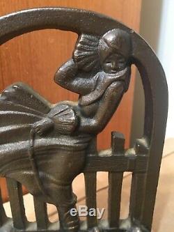 Rare Antique Cast Iron March Girl Bookends With Terrier Dog & Cat Art Deco