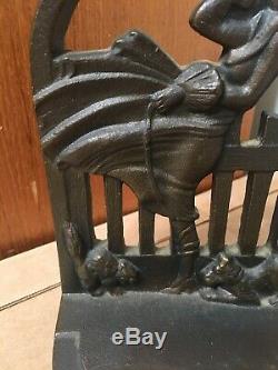 Rare Antique Cast Iron March Girl Bookends With Terrier Dog & Cat Art Deco