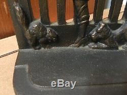 Rare Antique Cast Iron March Girl Bookends With Terrier Dog & Cat Art Deco