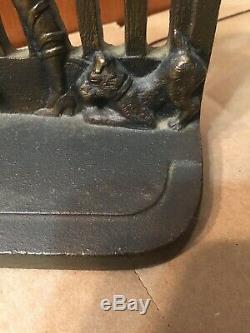 Rare Antique Cast Iron March Girl Bookends With Terrier Dog & Cat Art Deco