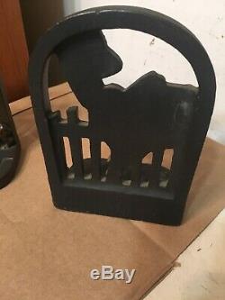 Rare Antique Cast Iron March Girl Bookends With Terrier Dog & Cat Art Deco