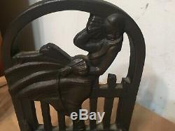 Rare Antique Cast Iron March Girl Bookends With Terrier Dog & Cat Art Deco