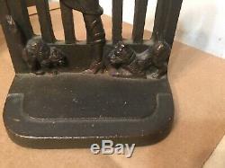 Rare Antique Cast Iron March Girl Bookends With Terrier Dog & Cat Art Deco