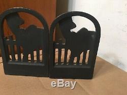 Rare Antique Cast Iron March Girl Bookends With Terrier Dog & Cat Art Deco