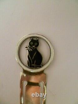 Rare Art Deco Hallmarked Silver & Enamel Bookmark Lucky Black Cat 1923