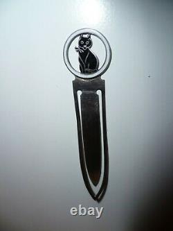 Rare Art Deco Hallmarked Silver & Enamel Bookmark Lucky Black Cat 1923