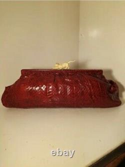 Rare Art deco French 1930s red snakeskin clutch bag with celluloid cat clasp
