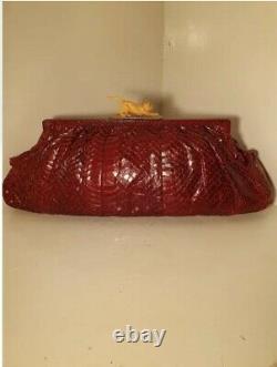 Rare Art deco French 1930s red snakeskin clutch bag with celluloid cat clasp