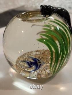 Rare Correia Studio Art Glass Paperweight Cat Perched Over Fishbowl