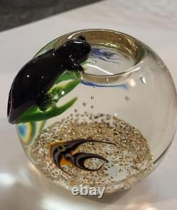 Rare Correia Studio Art Glass Paperweight Cat Perched Over Fishbowl