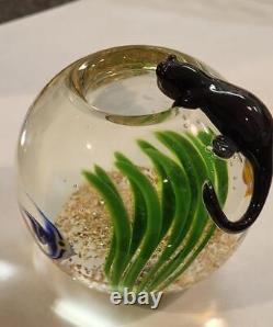 Rare Correia Studio Art Glass Paperweight Cat Perched Over Fishbowl