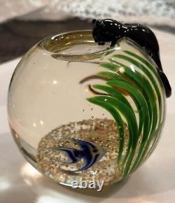 Rare Correia Studio Art Glass Paperweight Cat Perched Over Fishbowl