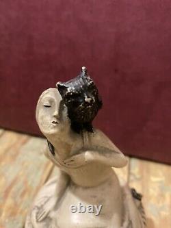 Rare French Art Deco Terre de Retz Paper Mache Flapper Girl Black Cat Powder Box