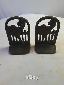 Rare March Girl Cast Iron Bookends with Terrier Dog & Cat Art Deco Era. Pre-owned