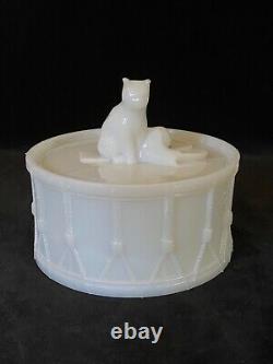 Rare PORTIEUX CAT ON DRUM Milk Glass Covered Dish Antique, Signed c. 1933 #2