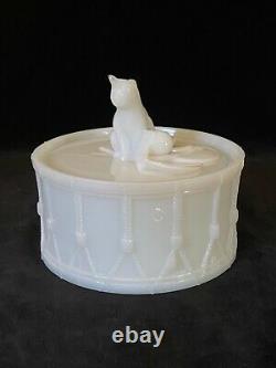Rare PORTIEUX CAT ON DRUM Milk Glass Covered Dish Antique, Signed c. 1933 #2