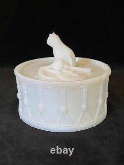 Rare PORTIEUX CAT ON DRUM Milk Glass Covered Dish Antique, Signed c. 1933 #2