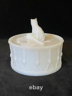 Rare PORTIEUX CAT ON DRUM Milk Glass Covered Dish Antique, Signed c. 1933 #2