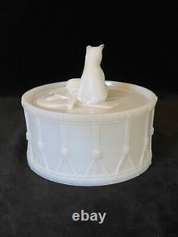 Rare PORTIEUX CAT ON DRUM Milk Glass Covered Dish Antique, Signed c. 1933 #2