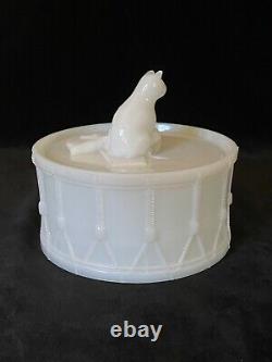 Rare PORTIEUX CAT ON DRUM Milk Glass Covered Dish Antique, Signed c. 1933 #2