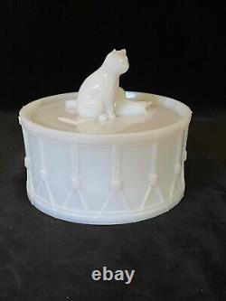 Rare PORTIEUX CAT ON DRUM Milk Glass Covered Dish Antique, Signed c. 1933 #2