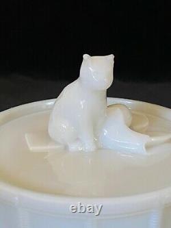 Rare PORTIEUX CAT ON DRUM Milk Glass Covered Dish Antique, Signed c. 1933 #2