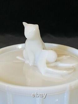 Rare PORTIEUX CAT ON DRUM Milk Glass Covered Dish Antique, Signed c. 1933 #2