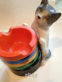 Rare Porcelain Cat Ashtray Holder & 5 Ashtrays-erphila-germany Vintage Art Deco