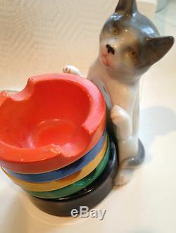 Rare Porcelain Cat Ashtray Holder & 5 Ashtrays-erphila-germany Vintage Art Deco