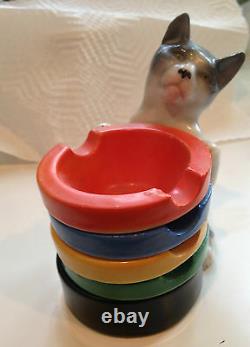 Rare Porcelain Cat Ashtray Holder & 5 Ashtrays-erphila-germany Vintage Art Deco