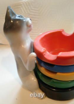 Rare Porcelain Cat Ashtray Holder & 5 Ashtrays-erphila-germany Vintage Art Deco