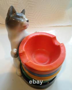 Rare Porcelain Cat Ashtray Holder & 5 Ashtrays-erphila-germany Vintage Art Deco