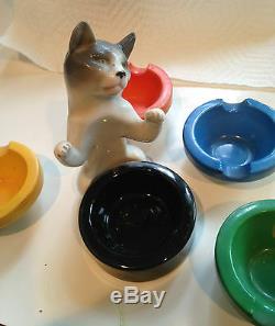 Rare Porcelain Cat Ashtray Holder & 5 Ashtrays-erphila-germany Vintage Art Deco