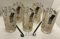 Rare! Set of 5 Vintage Glenshaw Glass Co Top Hat Guy Glasses + 2 Black Cane Stir