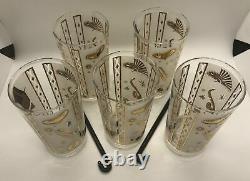 Rare! Set of 5 Vintage Glenshaw Glass Co Top Hat Guy Glasses + 2 Black Cane Stir