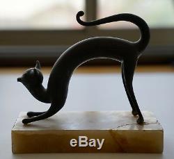 Rare Vintage Spooky Metal Cat Art Deco with Marble Base STATUE FIGURINE COOL
