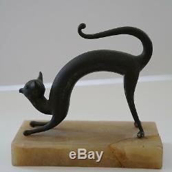 Rare Vintage Spooky Metal Cat Art Deco with Marble Base STATUE FIGURINE COOL