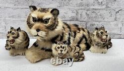 Real Fur Tiger Mom And Cubs Figurine Lot Vintage Realistic MCM Mid Century Deco