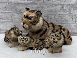 Real Fur Tiger Mom And Cubs Figurine Lot Vintage Realistic MCM Mid Century Deco