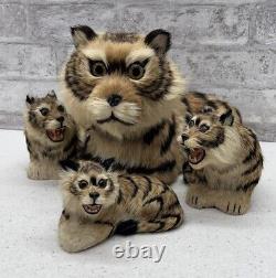 Real Fur Tiger Mom And Cubs Figurine Lot Vintage Realistic MCM Mid Century Deco