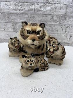 Real Fur Tiger Mom And Cubs Figurine Lot Vintage Realistic MCM Mid Century Deco