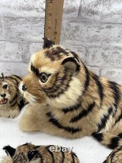 Real Fur Tiger Mom And Cubs Figurine Lot Vintage Realistic MCM Mid Century Deco