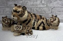 Real Fur Tiger Mom And Cubs Figurine Lot Vintage Realistic MCM Mid Century Deco