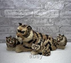 Real Fur Tiger Mom And Cubs Figurine Lot Vintage Realistic MCM Mid Century Deco