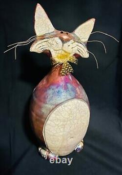 Round Tree Pottery Nolan Windholtz Signed 9Whimsical Raku Naughty Cat Sculpture