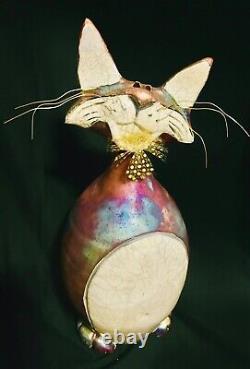 Round Tree Pottery Nolan Windholtz Signed 9Whimsical Raku Naughty Cat Sculpture