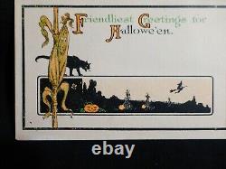 SCARCE-Art Deco Vintage Halloween Postcard- Cat & Corn Stalk W Witch-Fairman