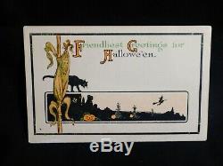 SCARCE-Halloween Postcard-Art Deco Blk Cat & Corn Stalk Over Field-By Fairman