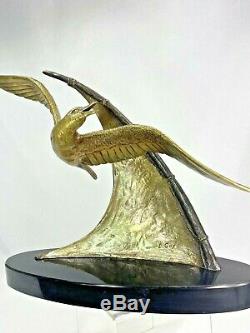 SPLEND. SCULPTURE MOUETTE EN VOL SIGNEE E. GUY BRONZE ART DECO STATUE Ca. 1930